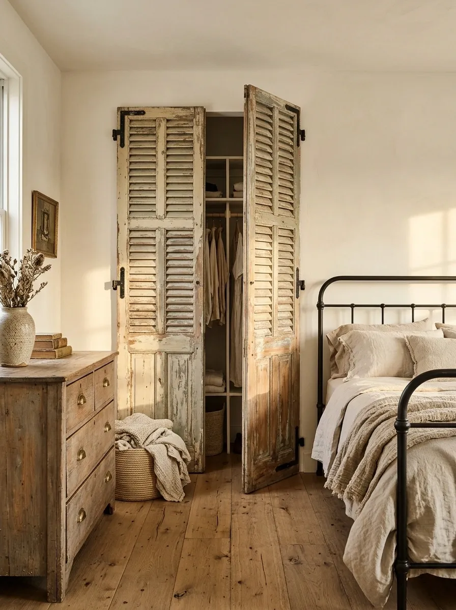 Vintage Wooden Shutters in a Farmhouse Bedroom