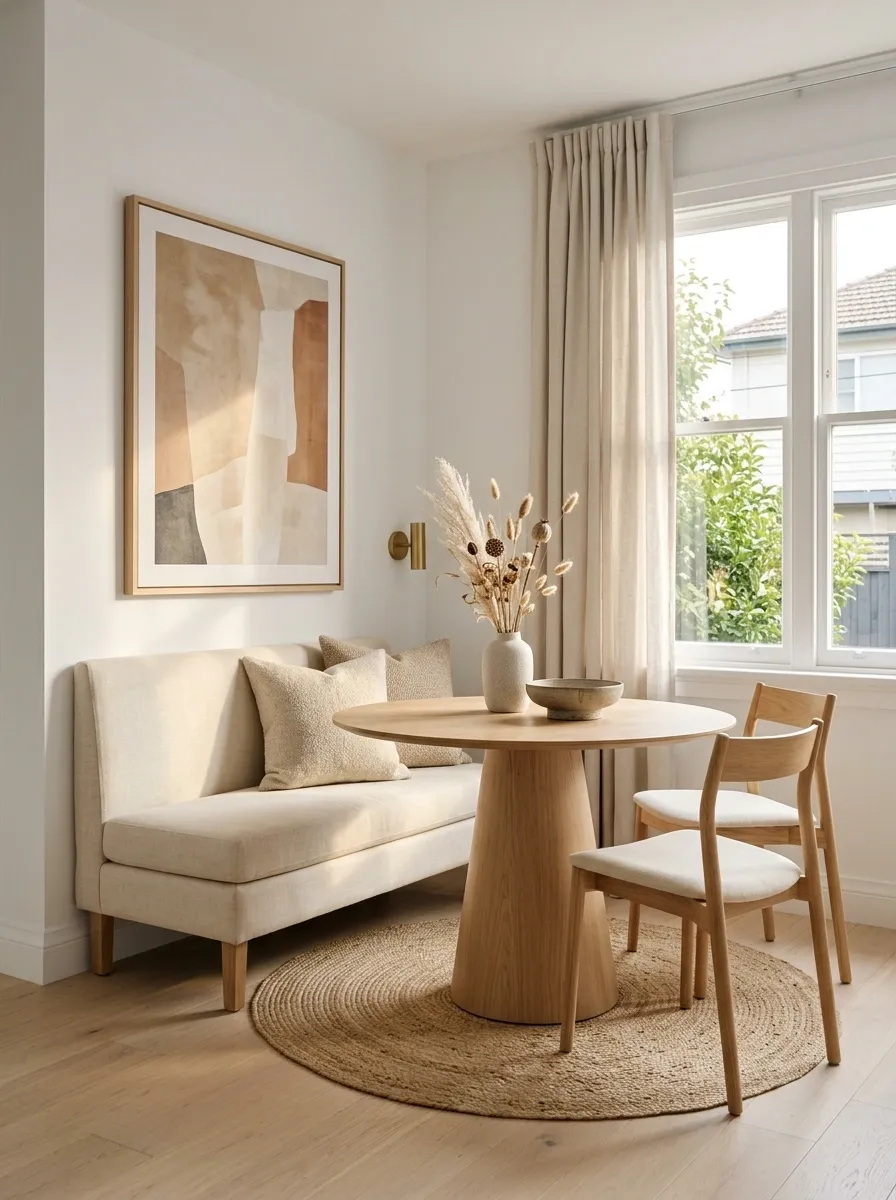 Wall-Hugging Apartment Dining Nook With Slim Pedestal Table