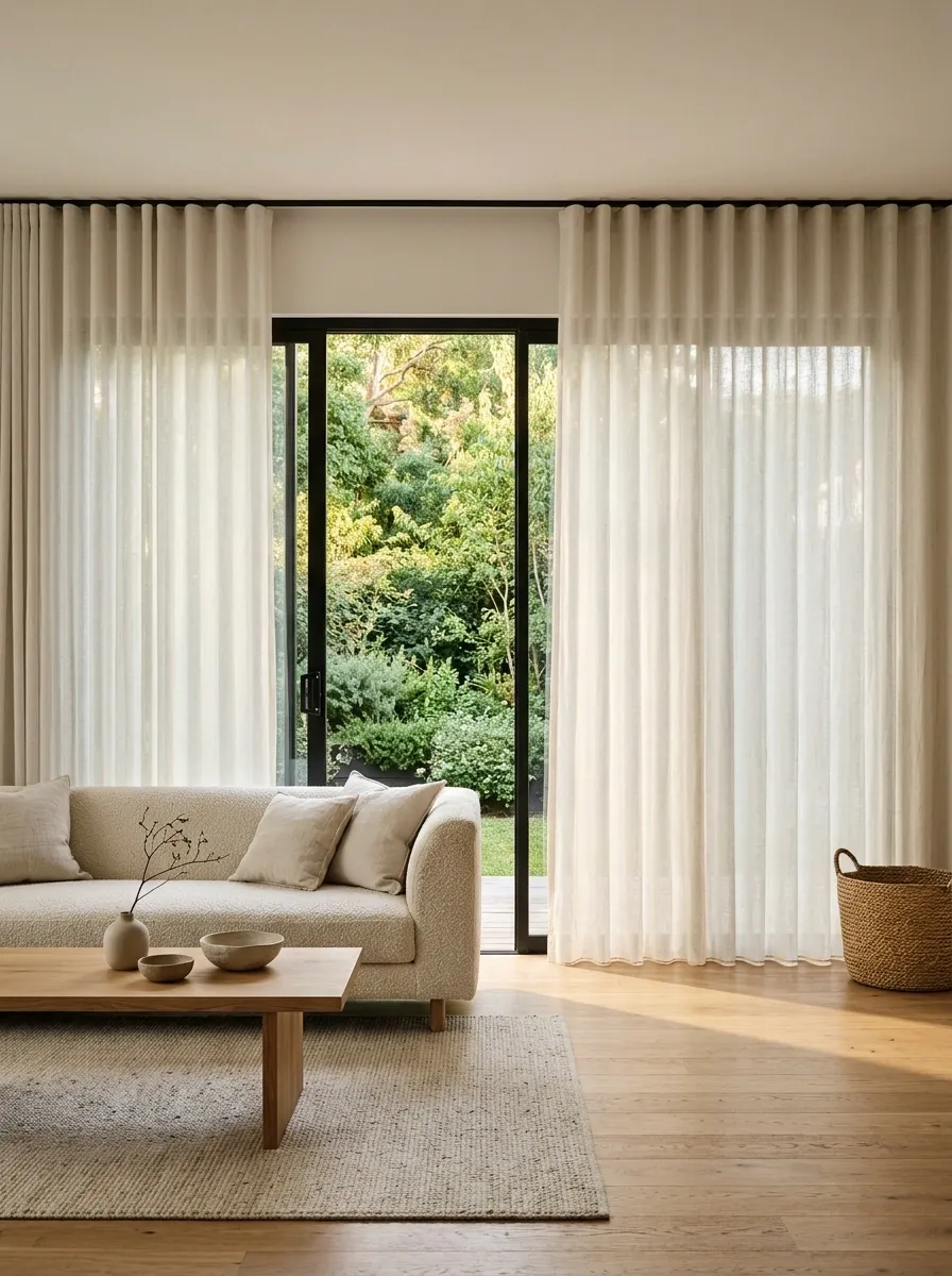 Wall-to-Wall Wave Curtains Beside Modern Sliding Glass Doors