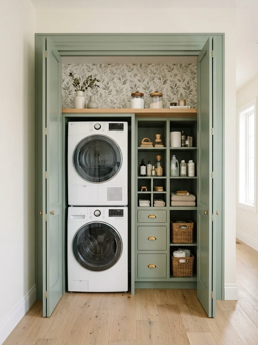 Wallpapered Laundry Cupboard With a Painted Surround