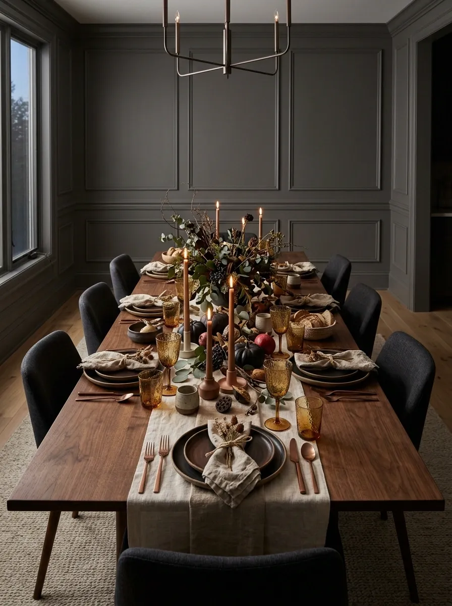 Walnut and Copper Table for a Low-Light Thanksgiving Dinner