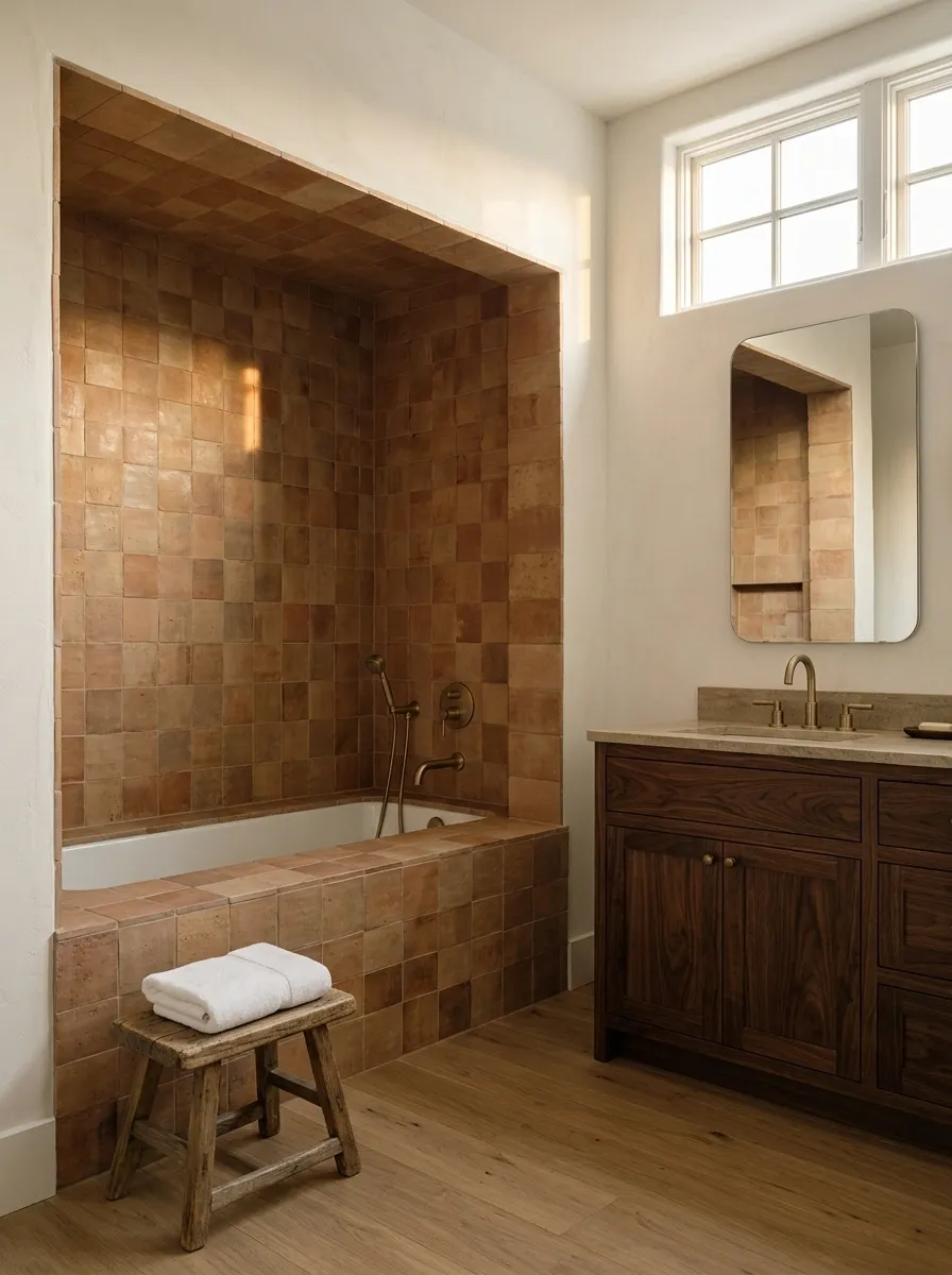 Walnut Bathroom With a Sunken-Looking Bath Surround and Brass Detail