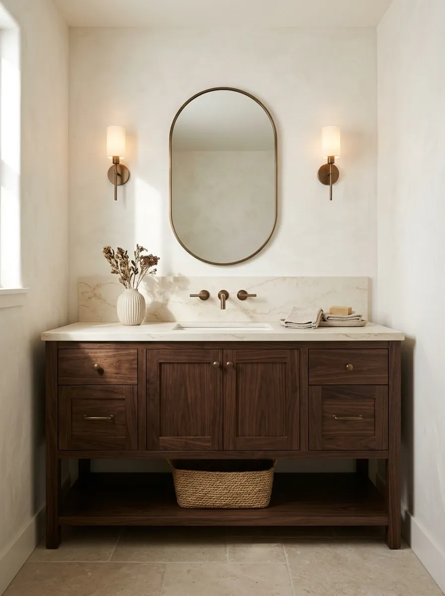 Walnut Farmhouse Bathroom With Cream Stone and Bronze Fixtures