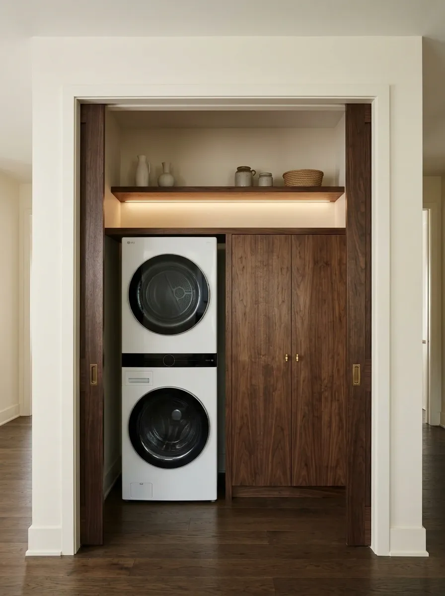 Walnut Laundry Alcove Behind Full-Height Pocket Doors