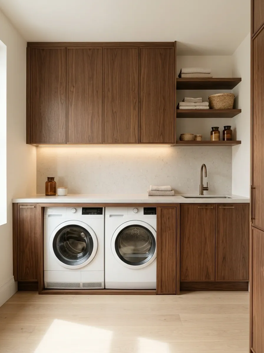 Walnut Laundry Cabinetry With a Refined Contemporary Finish