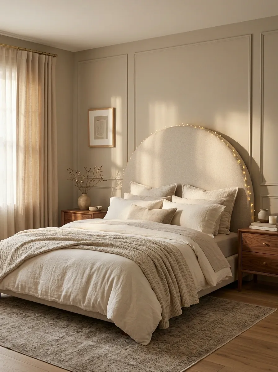 Warm Bedroom With a Fairy-Lit Headboard Arch