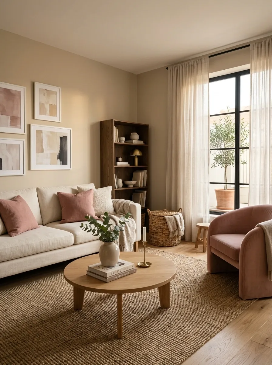 Warm Beige Apartment With Rose Accents and Natural Textures