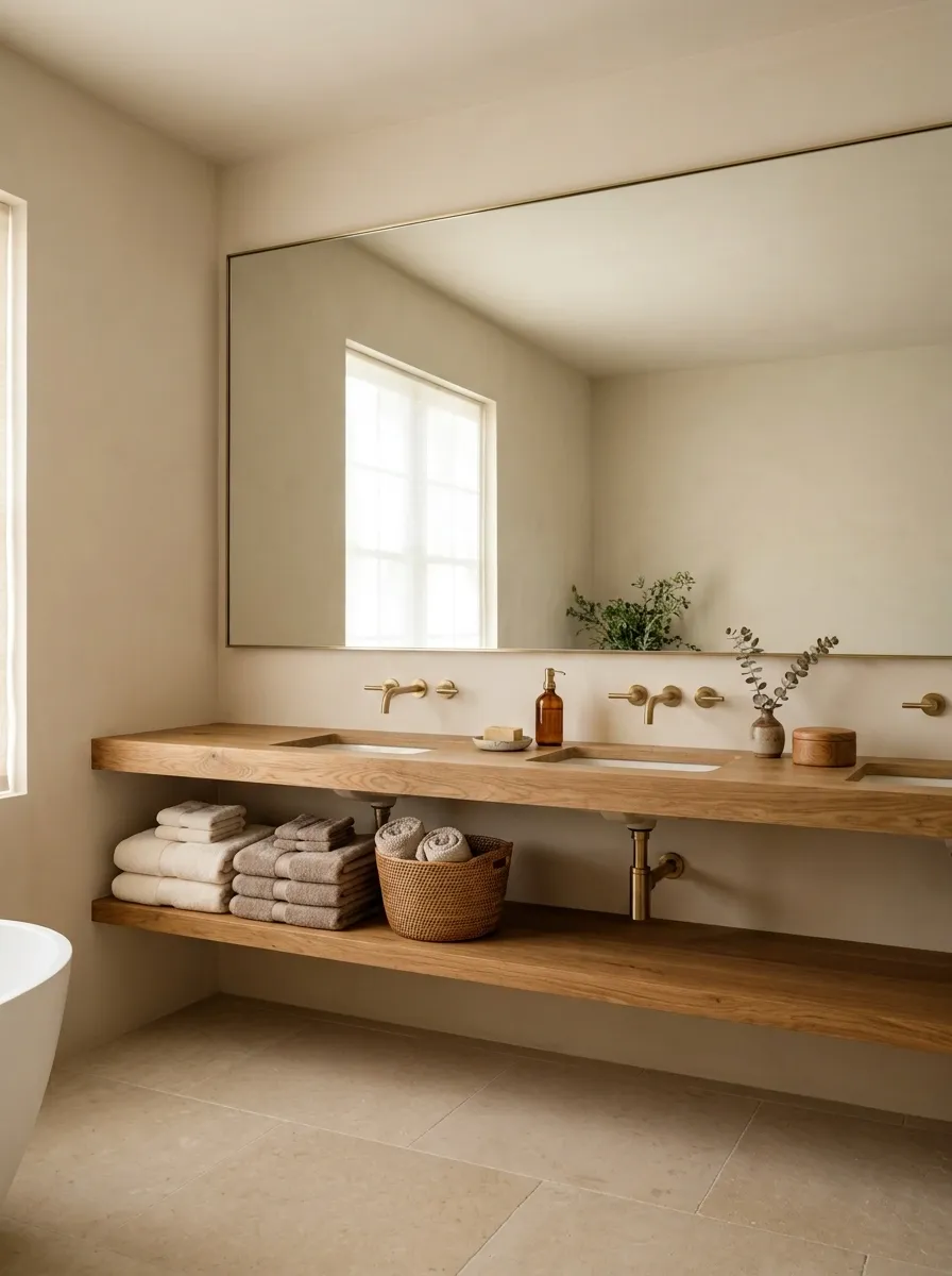 Warm Beige Bathroom With a Wall-to-Wall Towel Shelf