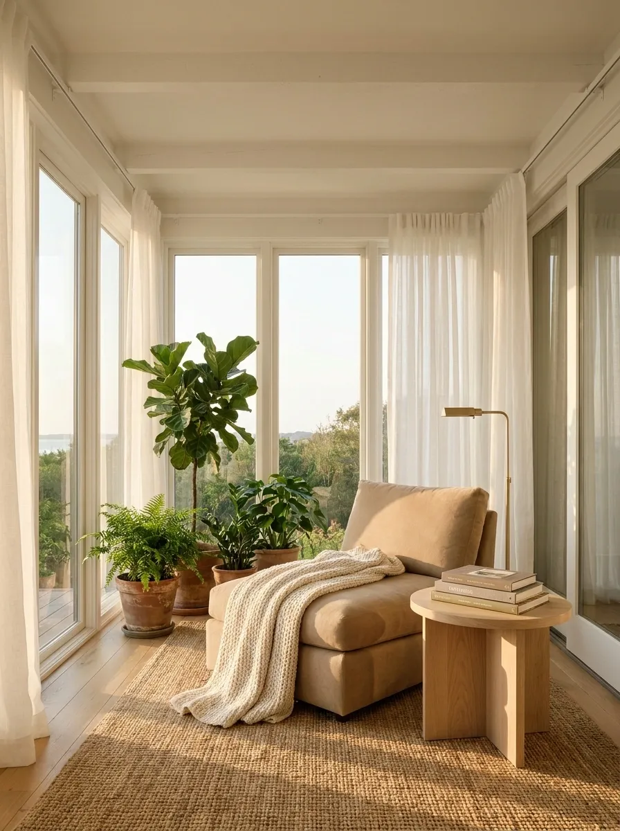 Warm Beige Chair in a Light-Filled Sunroom
