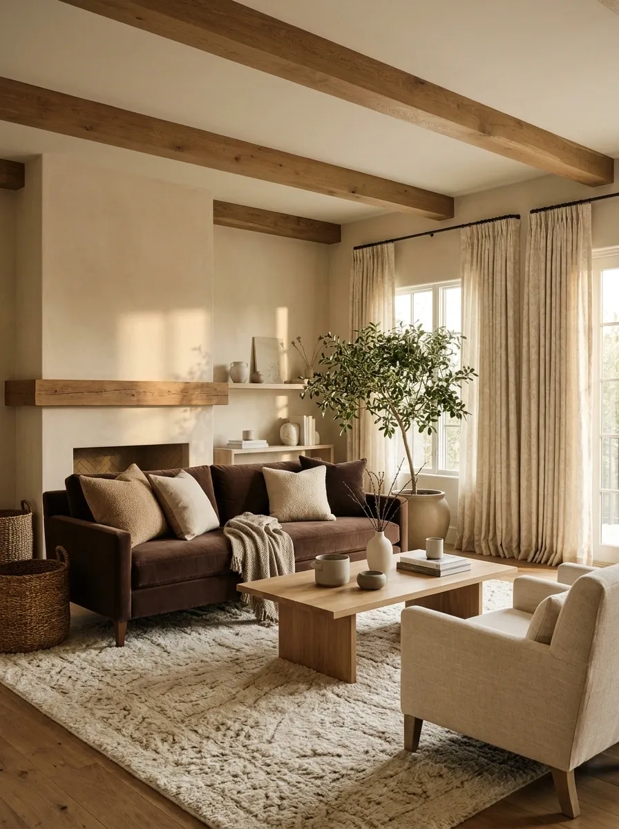 Warm Beige + Cocoa in a Layered Neutral Living Room
