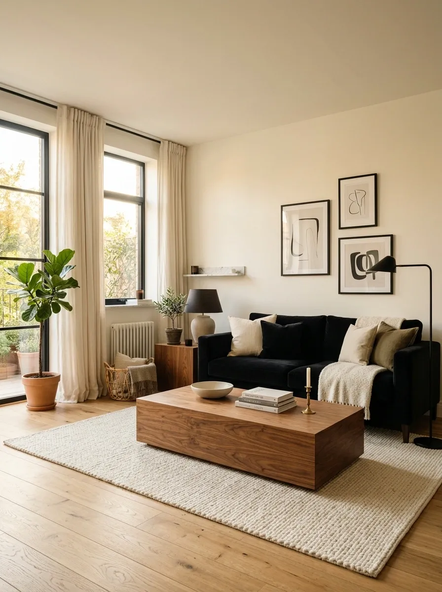 Warm Black and White With Walnut and Cream