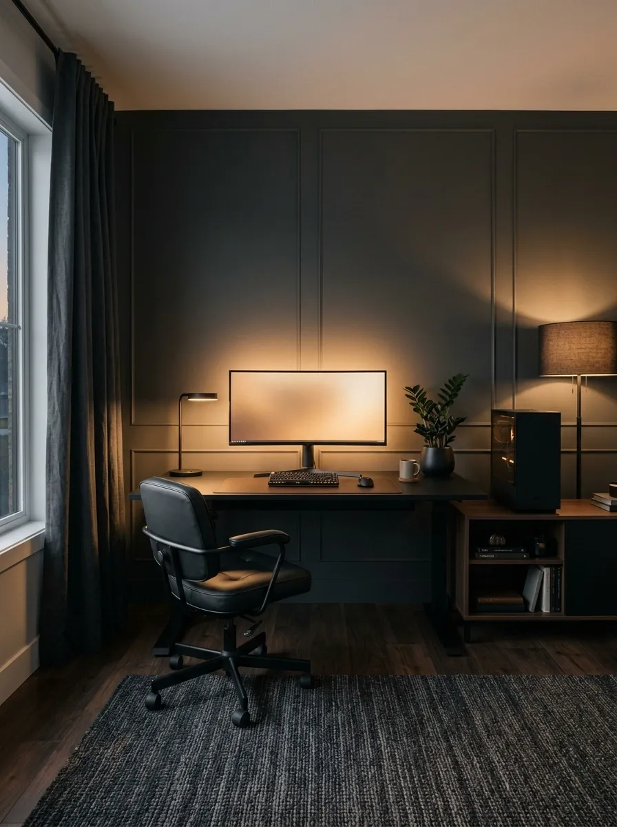 Warm Black Gaming Setup With Amber Lighting