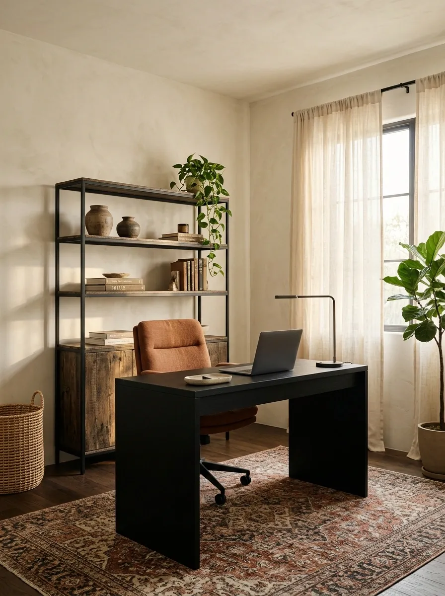 Warm Black, Rust, and Cream Boho Office