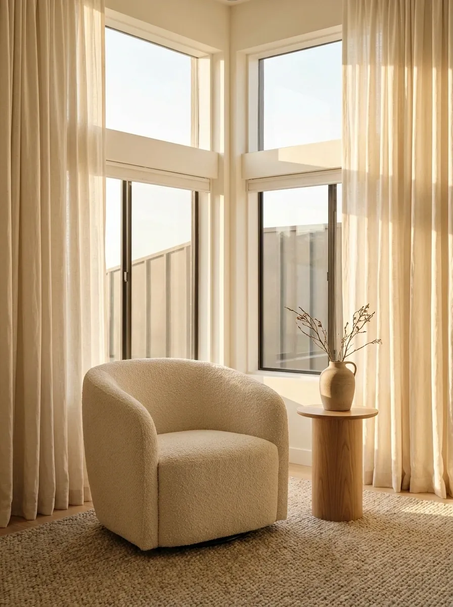 Warm Bouclé Chair in a Sunlit Window Nook