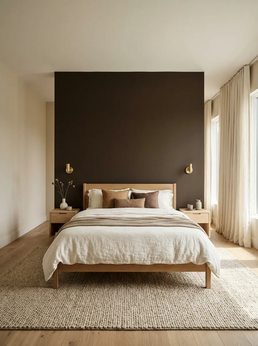 Warm Chocolate Accent Wall With Ivory Linen and Natural Oak