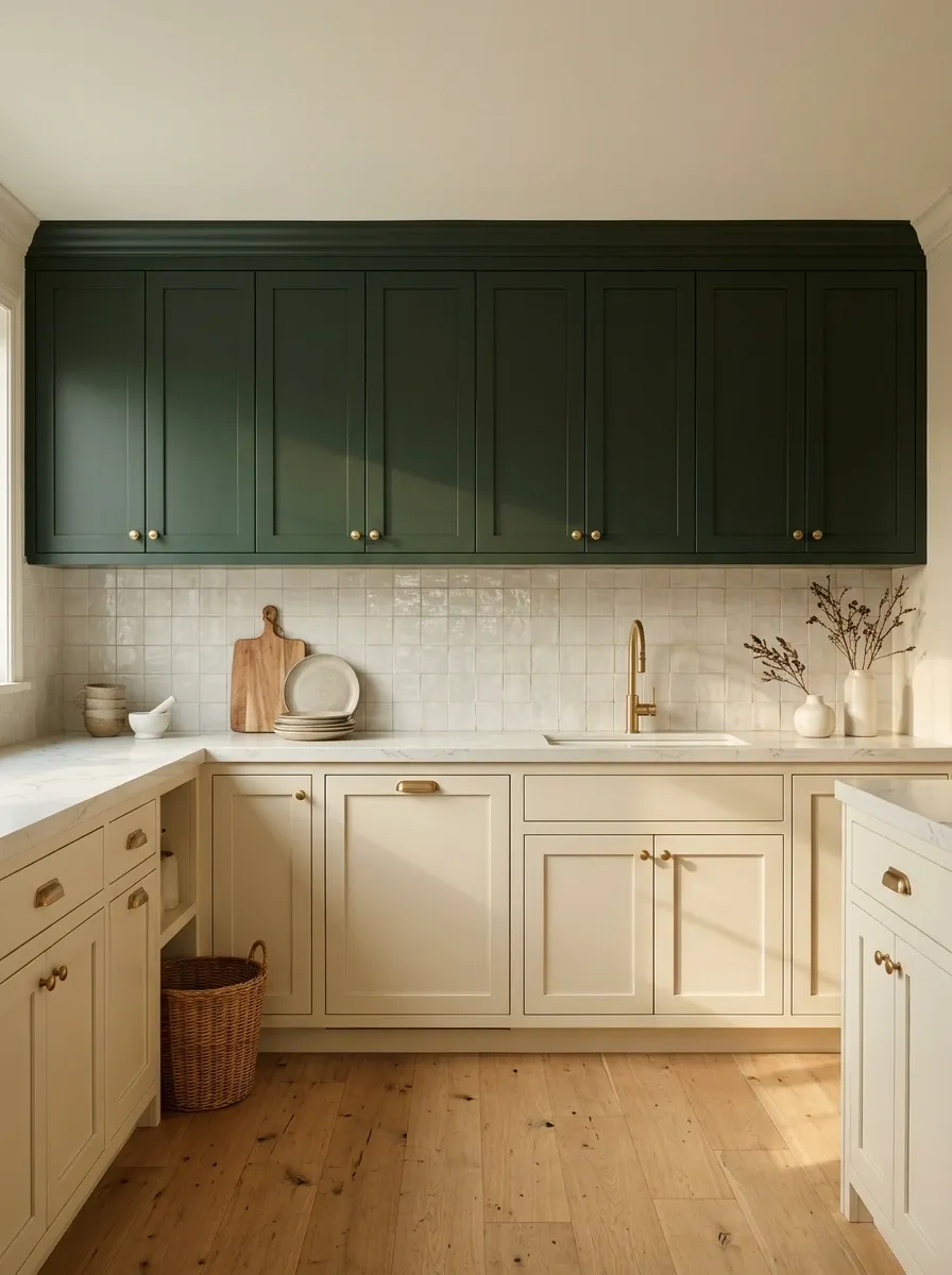 Warm Cream Bases With Dark Green Upper Cabinets