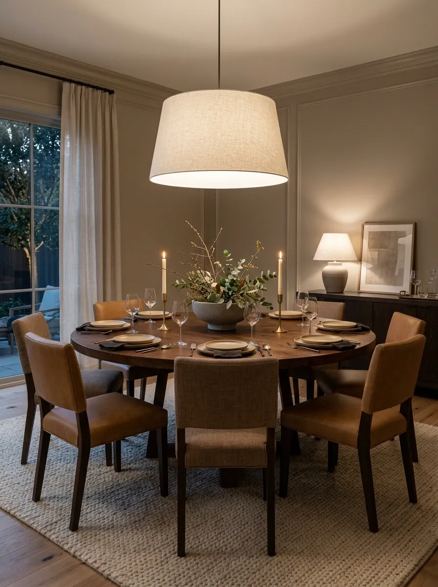 Warm Evening Dining Room With Burnished Wood, Candlelight, and Layered Neutrals