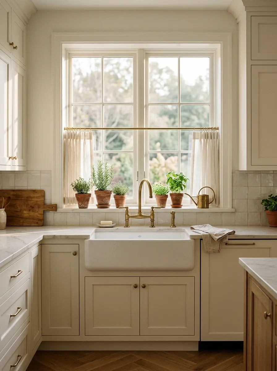 Warm Farmhouse Sink With Terracotta Herb Pots