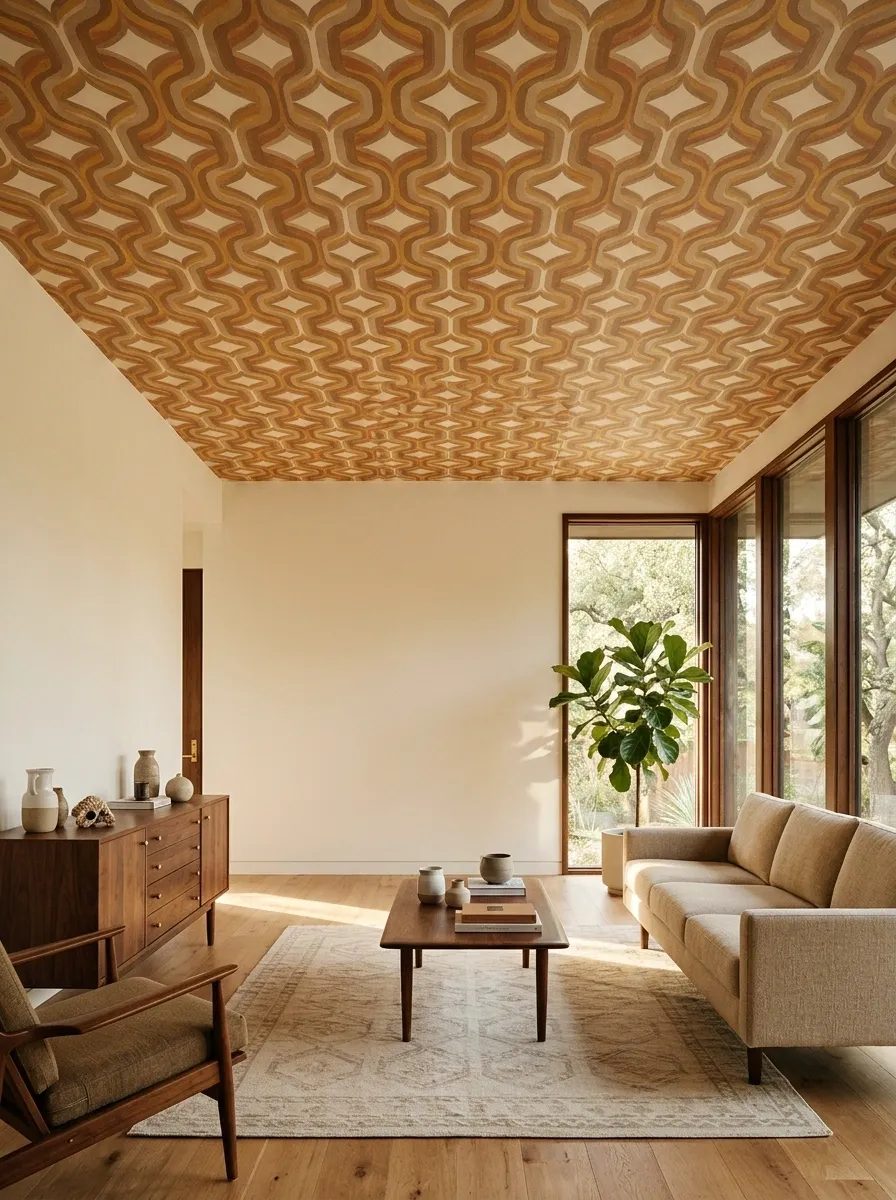 Warm Geometric Ceiling in a Mid-Century Living Room