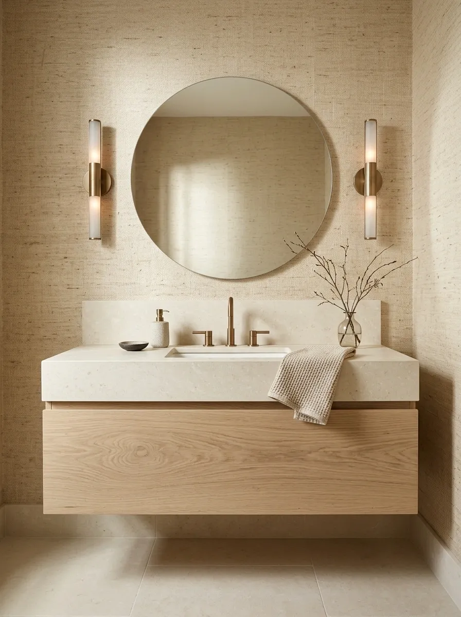 Warm Grasscloth Wallpaper in a Minimalist Bathroom