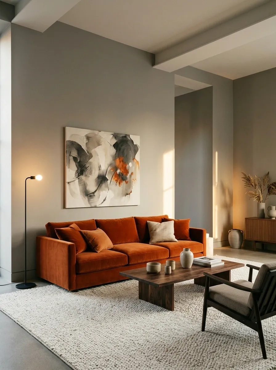 Warm Gray + Burnt Orange With Sculptural Lighting