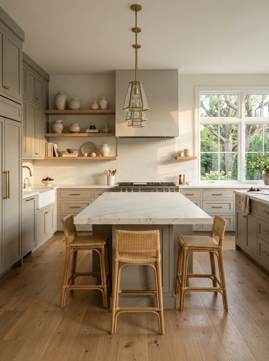 Warm Gray Cabinets With Creamy White Stone