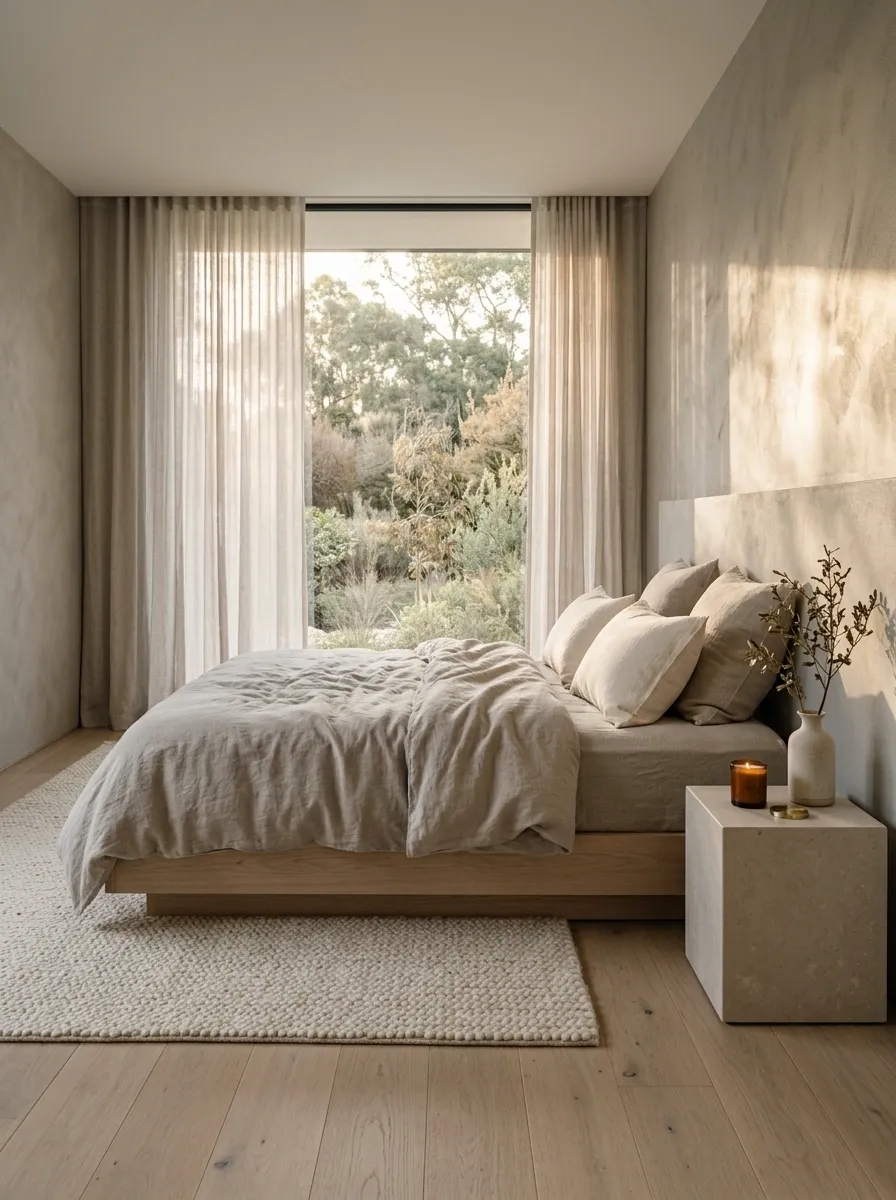Warm Gray Minimalist Bedroom With Stone and Linen