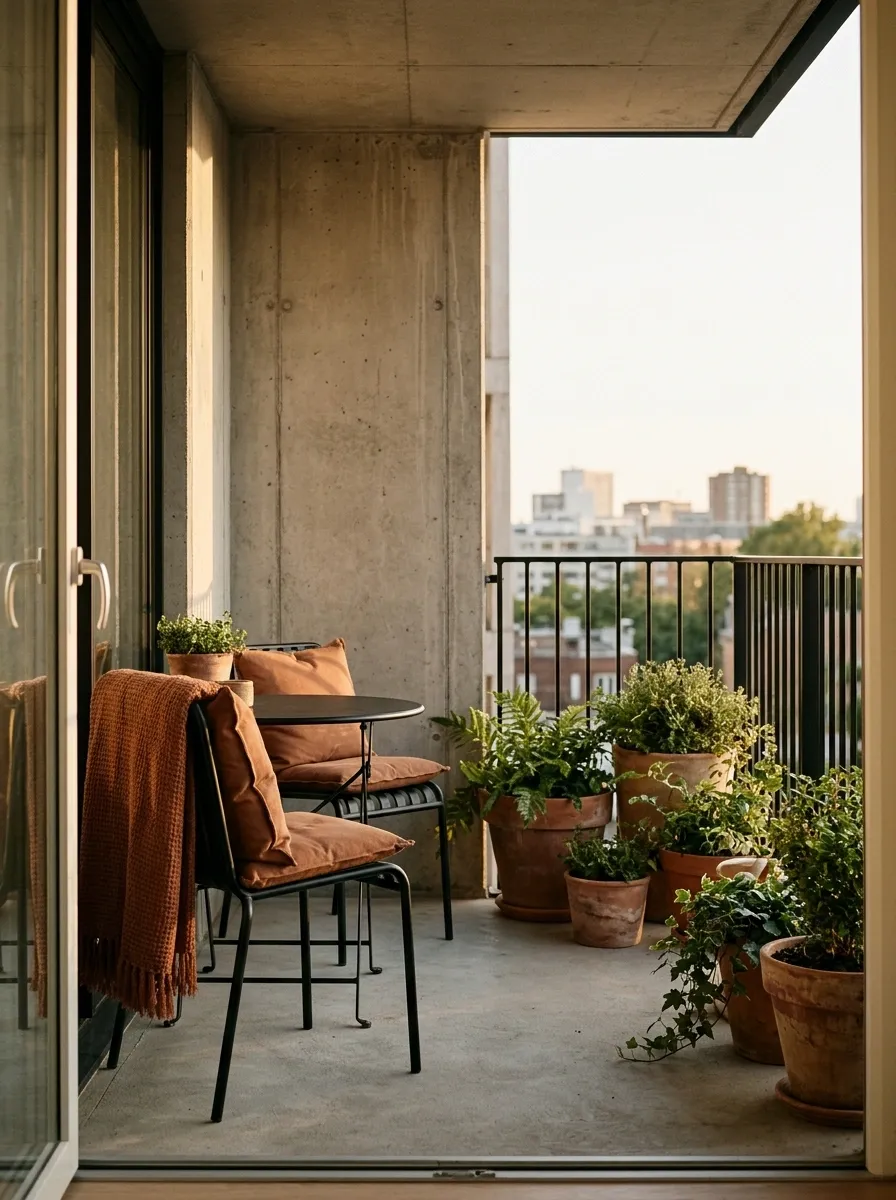Warm Gray, Terracotta, and Black Urban Balcony