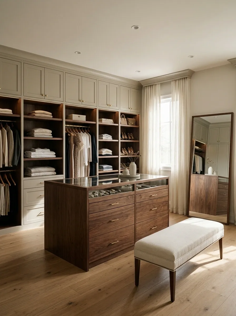 Warm Greige Closet With Walnut Accents