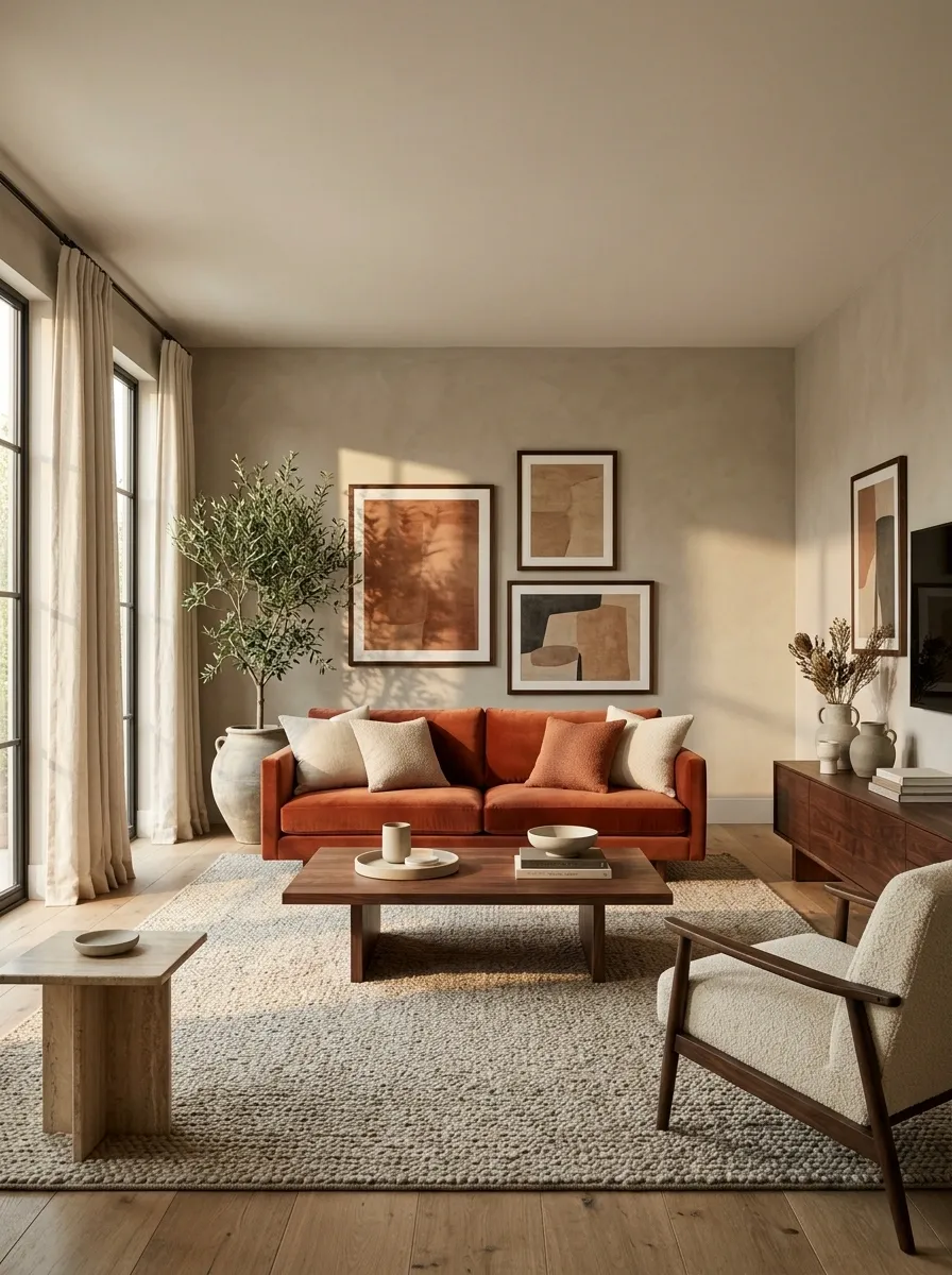 Warm Greige + Terracotta With Walnut Furniture
