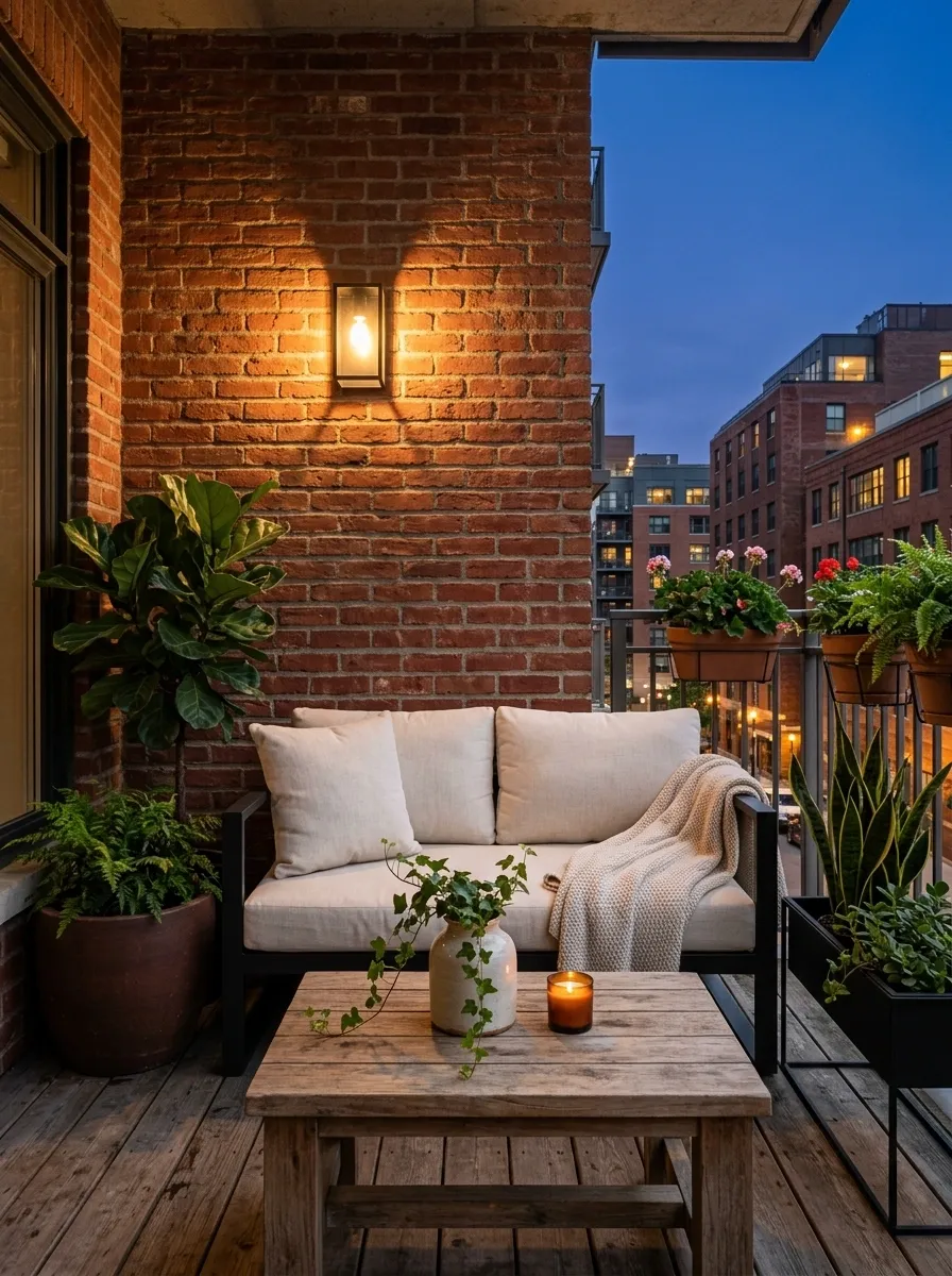 Warm Industrial Patio With Brick Texture, Black Metal, and Weathered Wood