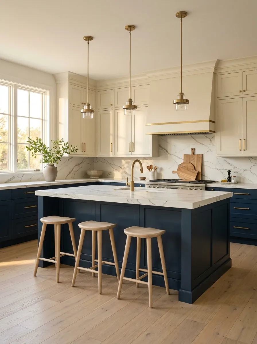 Warm Ivory Uppers With Deep Navy Lower Cabinets
