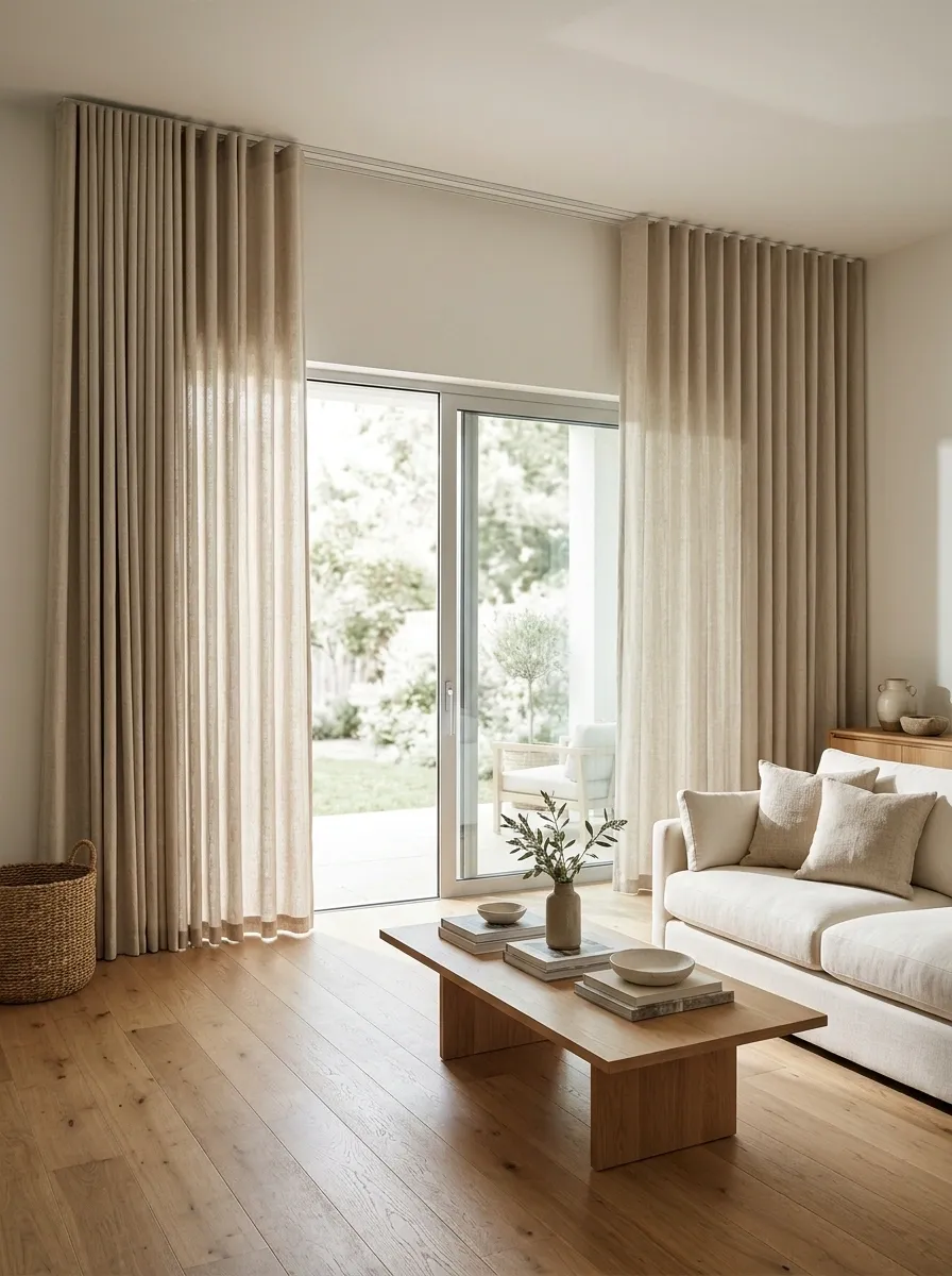Warm Linen Ripple-Fold Curtains on a Ceiling Track