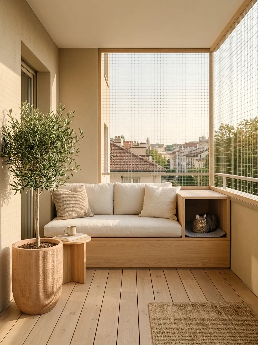 Warm Minimal Balcony With a Built-In Cat Nook