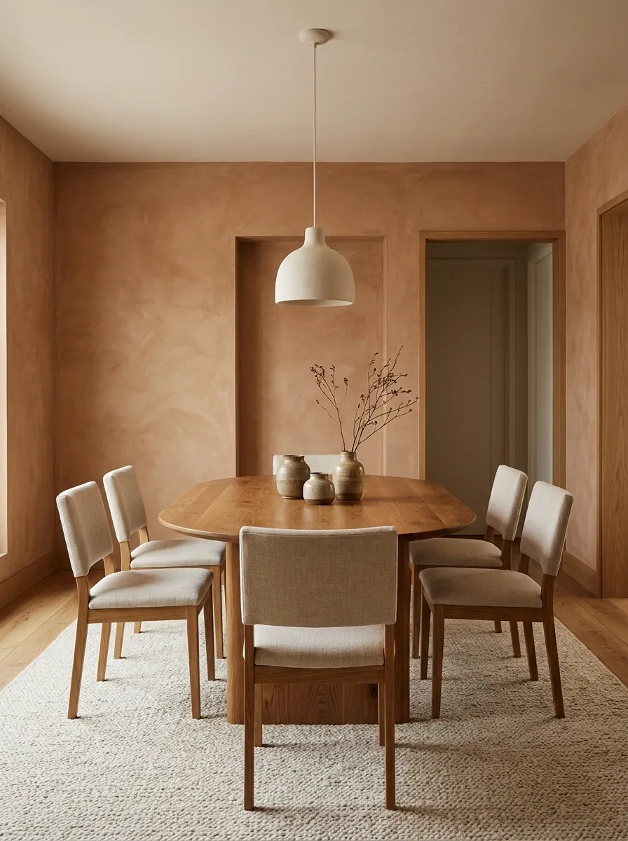 Warm Minimal Dining Room With Clay Tones and Natural Wood