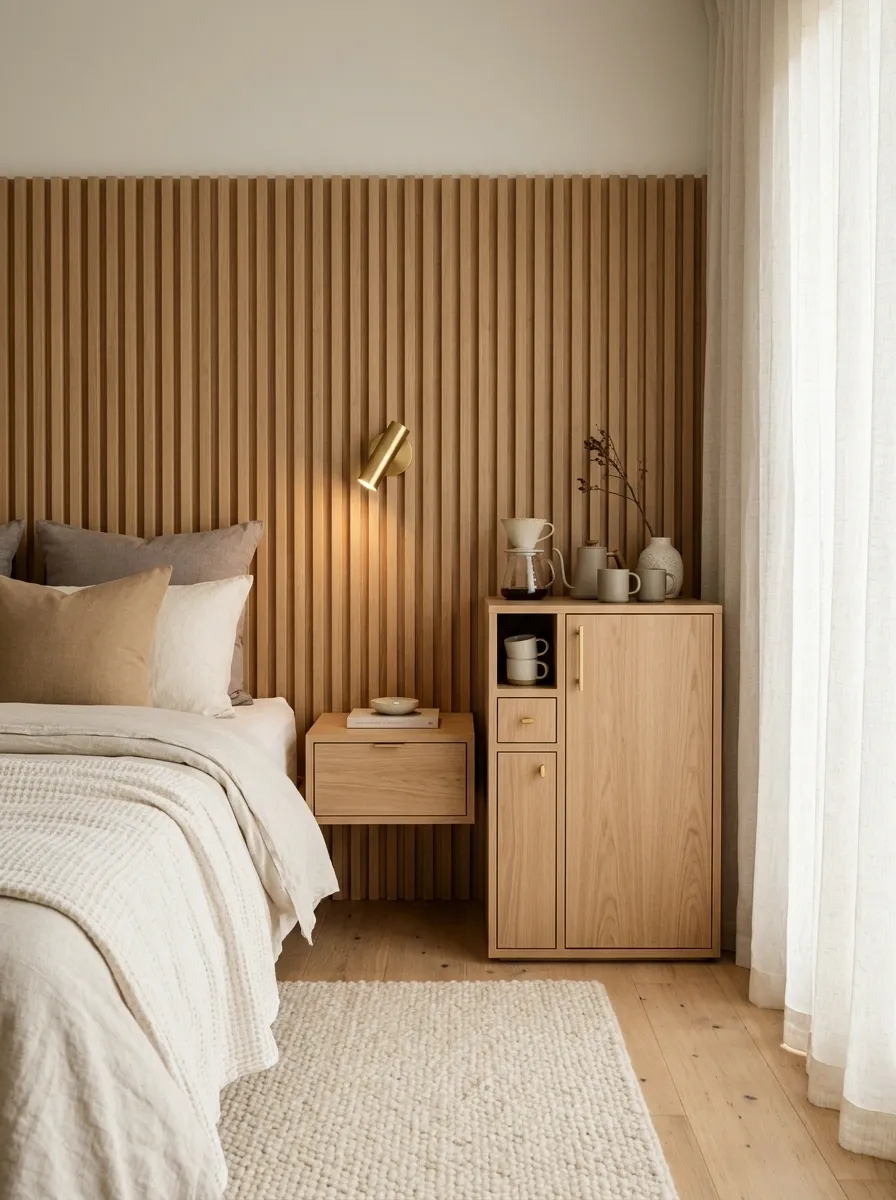 Warm Minimal Guest Suite With a Bedside Beverage Cabinet