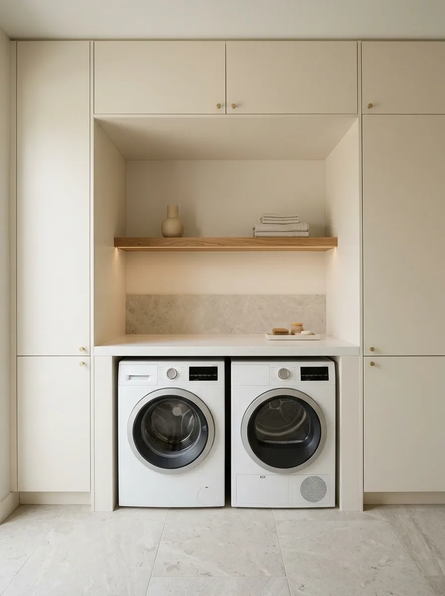 Warm Minimal Laundry With Flat Cabinets and a Recessed Worktop