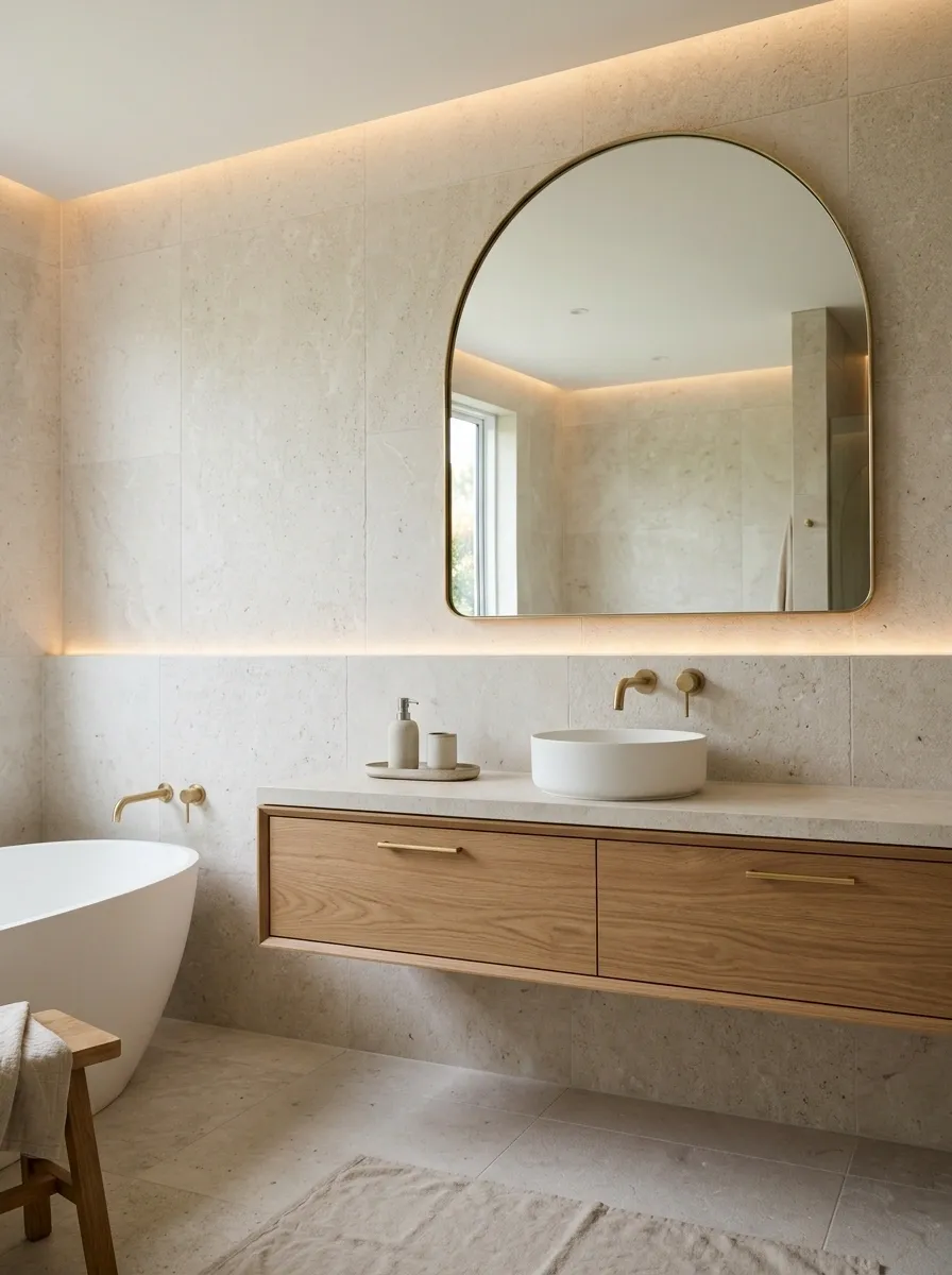 Warm Minimalist Bathroom With Limestone, Oak Vanity, and Soft Lighting