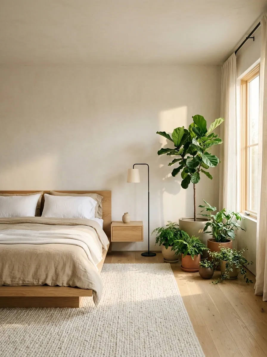 Warm Minimalist Bedroom With Sand Linen and a Single Foliage Group