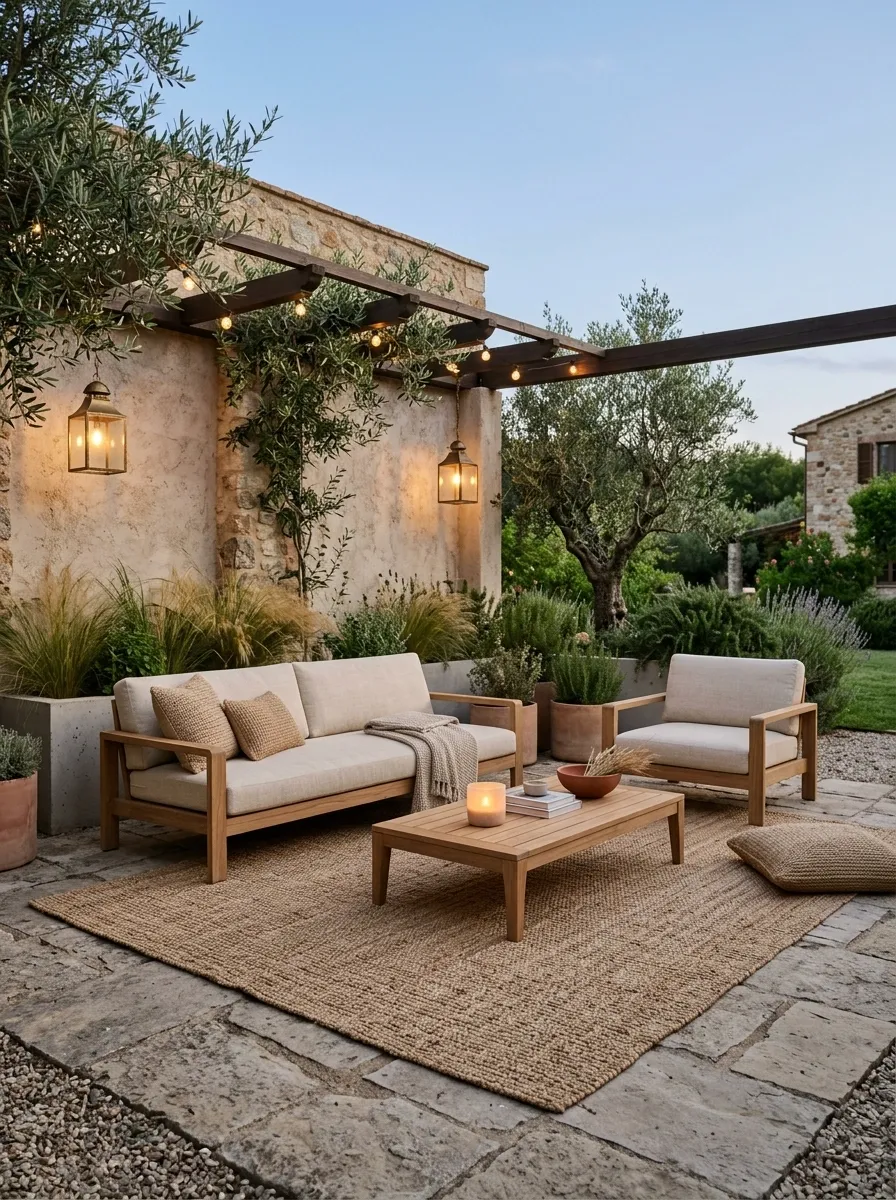 Warm Minimalist Patio With Teak Furniture and Soft Neutral Textiles