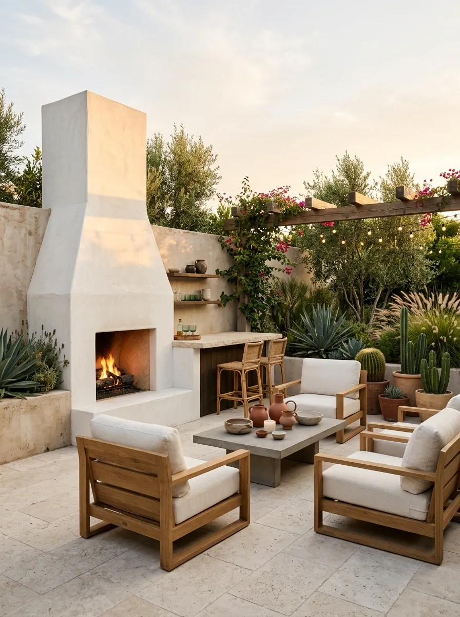 Warm Modern Backyard With a Plaster Fireplace and Built-In Bar