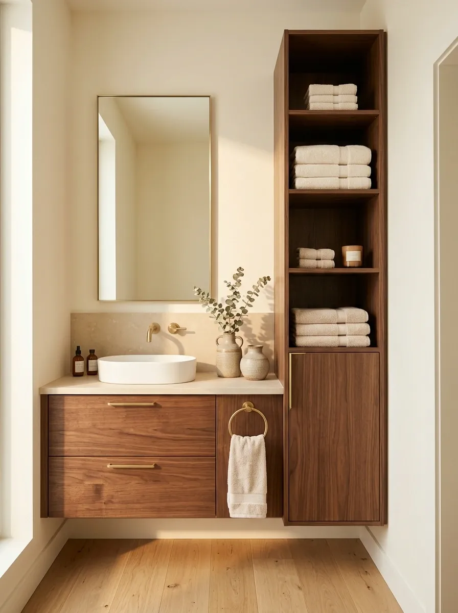 Warm Modern Bathroom With a Floating Walnut Towel Tower