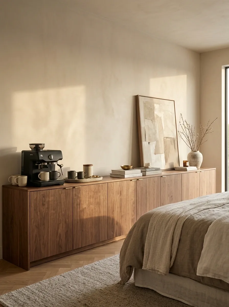 Warm Modern Bedroom With a Long Low Coffee Credenza