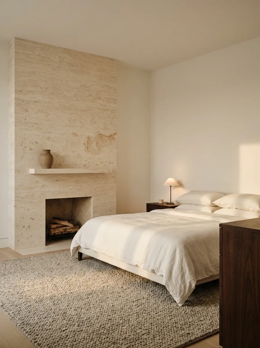 Warm Modern Bedroom With Travertine Fireplace and Dark Timber