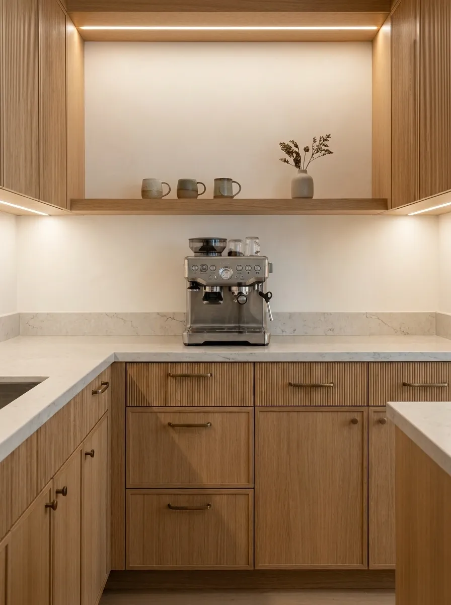 Warm Modern Coffee Bar With Fluted Cabinetry