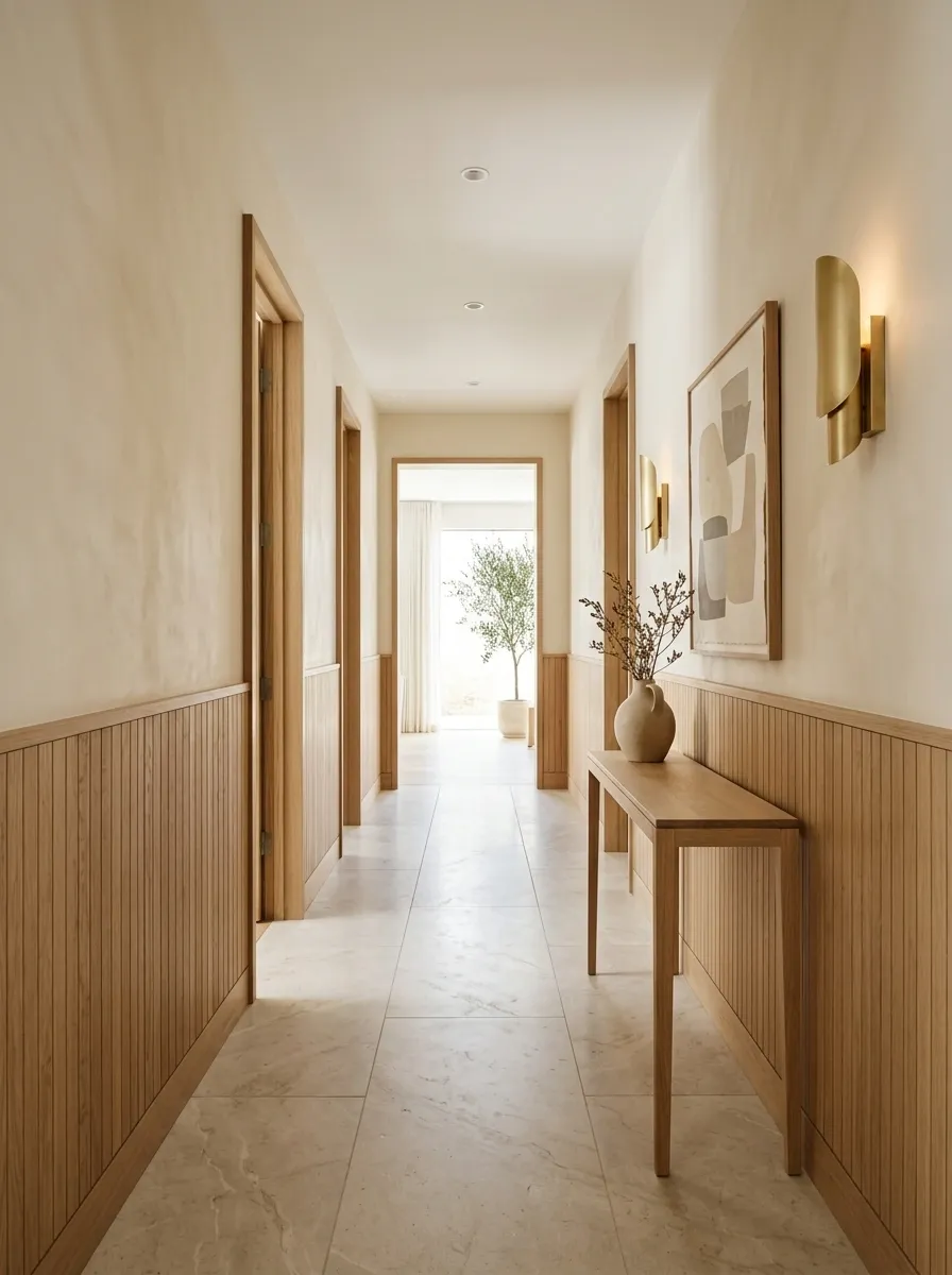 Warm Modern Hall With Oak Beadboard, Plaster Walls, and Sculptural Lighting