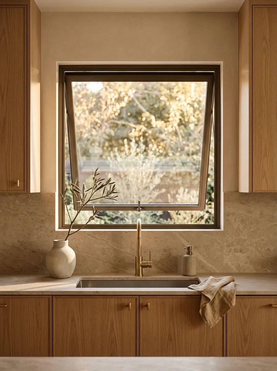 Warm Modern Kitchen With an Outward-Opening Awning Window