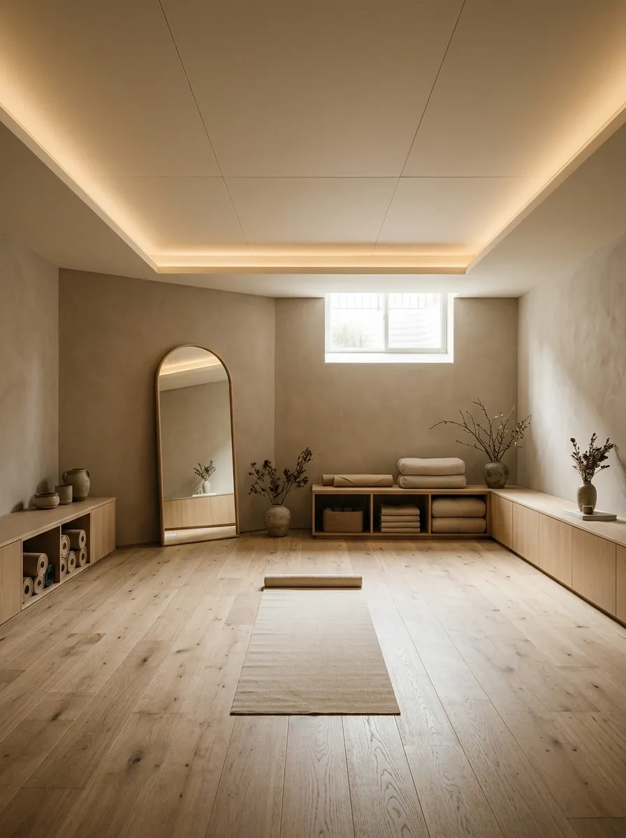 Warm Modern Yoga Studio With a Soft Neutral Ceiling
