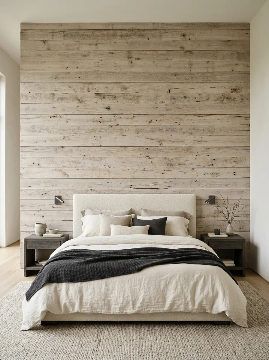 Warm Neutral Bedroom With a Pallet-Board Headboard Wall