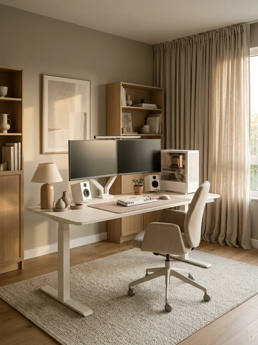Warm Neutral Gaming Setup With Beige and Taupe